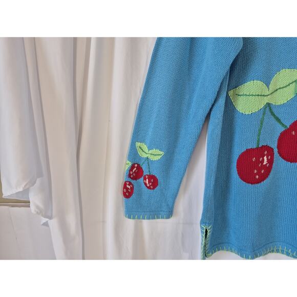 Vintage The Quacker Factory Blue Red Cherry Embroidered Pullover Sweater Large - Picture 6 of 6